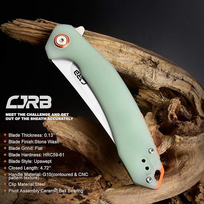 CJRB Small Folding Pocket Knife with Stonewash AR-RPM9 Powder Steel Blade and G10 Handle Tactical Knife for Men Womens EDC Outdoor Survival Camping Hunting Hiking, Gobi(J1906) Natural Green