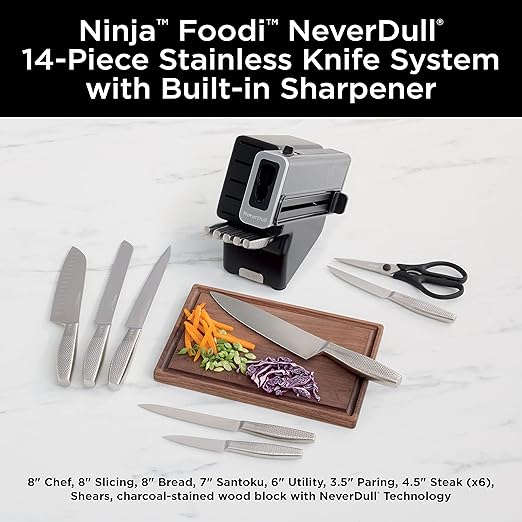 Ninja K62014 Foodi NeverDull Premium 14-Piece German Stainless Steel Knife System with Built-in Sharpener, Stainless Steel/Black