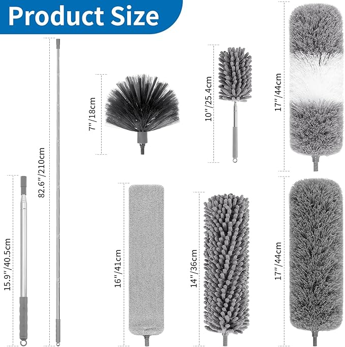 7PCS Dusters for Cleaning, Extendable Microfiber Duster with Extension Pole Up to 100'', Bendable Washable Cleaner Dusters for Cleaning Fan, High Ceiling, Blinds, Furniture, Car