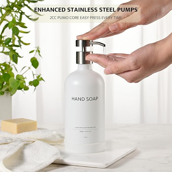 Glass Kitchen Soap Dispenser Set with Ceramic Tray,16.9 floz Hand and Dish Soap Dispenser for Kitchen and Bathroom Decor (White + Silver(Lotion))