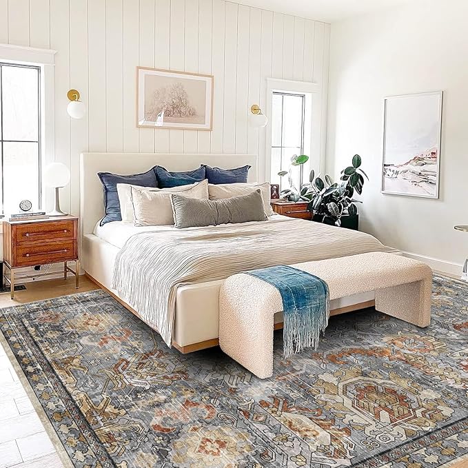 RUGSURE Washable Area Rugs - Perfect for Living Room, Bedroom, Kids Room, Nursery - Stain & Water Resistant Non-Slip, Pet & Child Friendly, Vintage Tribal Area Rugs (Turmeric and Grey, 3' x 5 ')