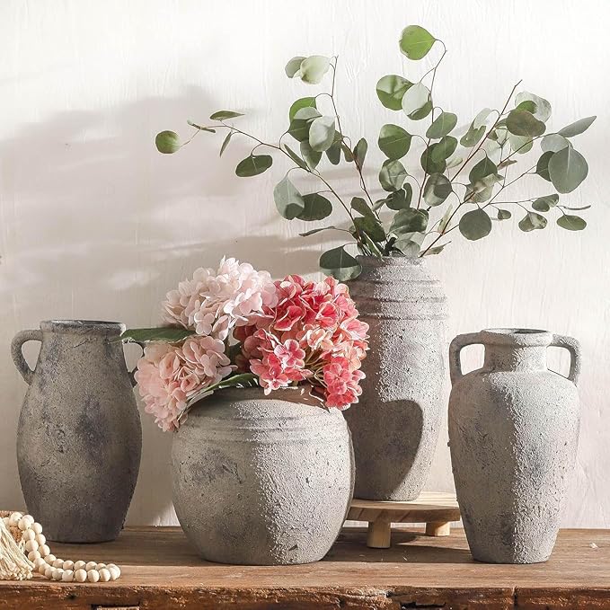Ceramic Rustic Vase, 9.05 inch Farmhouse Flower Vase with 2 Handles, Decorative Pottery Flower Vases for Home Decor, Living Room Shelf Decor, Enterway, Table