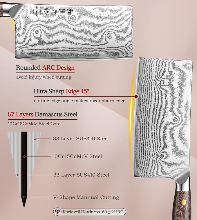 HEZHEN Meat Cleaver Knife,7 Inches, 67 Layers Damascus Steel Kitchen Knife, Professional Cleaver Knife for Meat and Vegetable Cutting, Ultra Sharp, Ergonomic Micarta Handle, Gift Packing