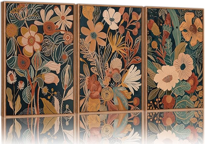Tinonedraw Burnt Orange Floral Framed Canvas Wall Art Set of 3, Boho Chic Flower Artwork, Mid Century Modern Wall Decor, Colorful Neutral Botanical Art Prints for Bedroom Living Room Office 24"x36"