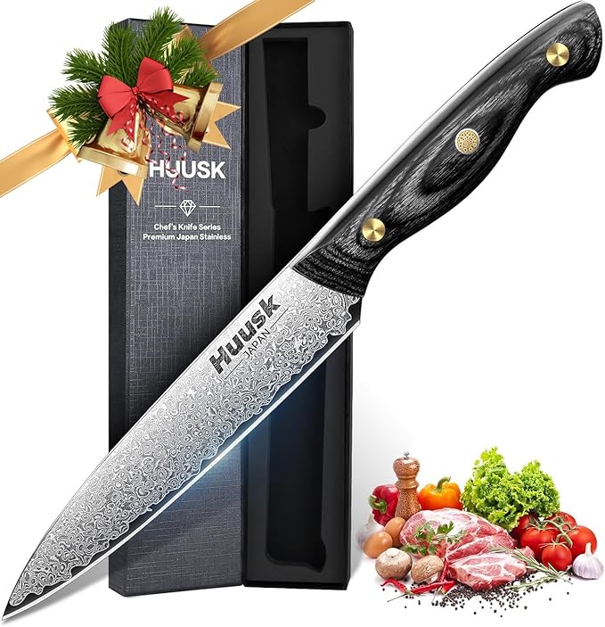 Huusk Damascus Kitchen Utility Knife, Japanes VG10 Small Chef Knife 5 inch with Ergonomic Wooden Handle, Versatile Knife for Vegetable Fruit Meat,Birthday Dad Mom Gift