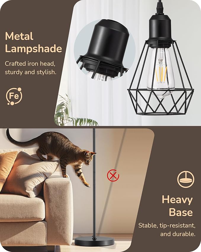 EDISHINE 70IN Farmhouse Floor Lamps for Living Room, Dimmable Industrial Tall Standing Lamps 3 LED Edison Bulbs Included, Diamond-Shaped Cage, Rustic Tree Corner Light for Bedroom, Office, Black