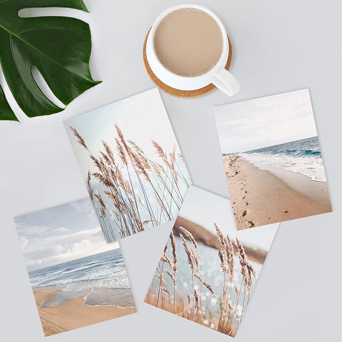 SIGNWIN Poster Bathroom Decor 8"x10"x 4, Wall Art Room Decor Multicolor for Living Room, Bedroom, Office White Beach Grass Cloudy Ocean Sea Wave Horizon Nature Wilderness Realism Landscape