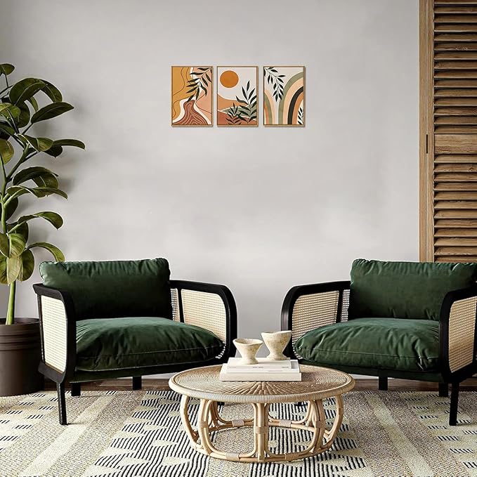Bwodke Boho Wall Art, Framed Abstract Sun Wall Art, Botanical Canvas Wall Decor, Mid Century Line Leaf Geometric Pictures Set of 3, Minimalist Paintings, for Bedroom Living Room Bathroom 12"x16"