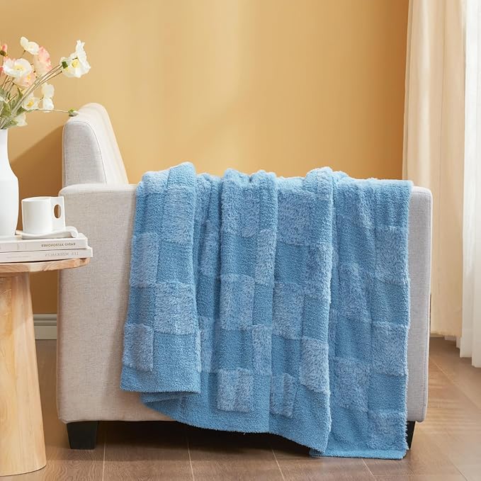 Snuggle Sac Faux Fur Checkered Blanket Twin Size with Soft Knitted Microfiber Fabric,Cozy Soft Warm Blanket for Sofa Bedroom Living Room,Solid Blue,60x80 inches