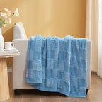 Snuggle Sac Faux Fur Checkered Blanket Twin Size with Soft Knitted Microfiber Fabric,Cozy Soft Warm Blanket for Sofa Bedroom Living Room,Solid Blue,60x80 inches