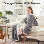 Westinghouse Electric Snuggle Throw Blankets with Foot Pocket, Wearable Heated Blanket with Sleeves, 6 Heating Levels & 2 to 10 Hours Heating Time Settings, 50 * 70"+18", Light Grey