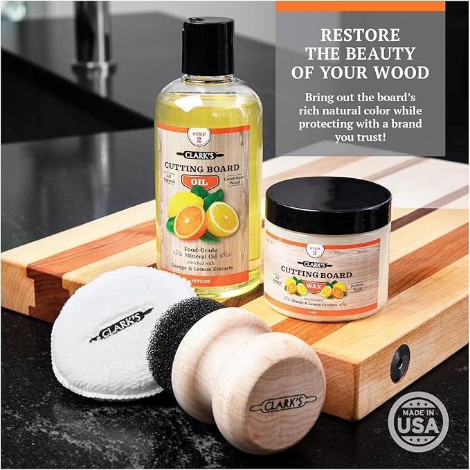 CLARK’S Cutting Board Oil and Wax Kit – Includes Food Grade Mineral Oil (12oz), Finishing Wax (6oz), Applicator, & Buffing Pad to Clean and Protect Wood, Enriched with Natural Lemon & Orange Extract