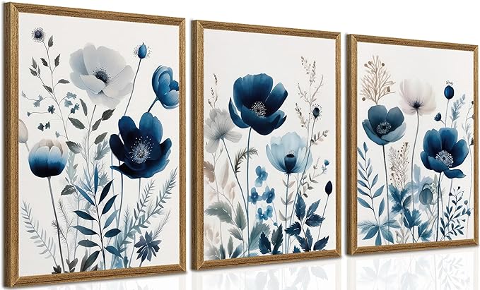 DUWQU 3 Pcs Blue Floral Canvas Wall Art, Wood Framed Navy Blue Wildflower Lily Daisy Art Wall Decor, Watercolor Botanical Flower Home Poster Art Prints for Living Room Bedroom Bathroom 16×24 Inches