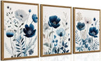 DUWQU 3 Pcs Blue Floral Canvas Wall Art, Wood Framed Navy Blue Wildflower Lily Daisy Art Wall Decor, Watercolor Botanical Flower Home Poster Art Prints for Living Room Bedroom Bathroom 16×24 Inches