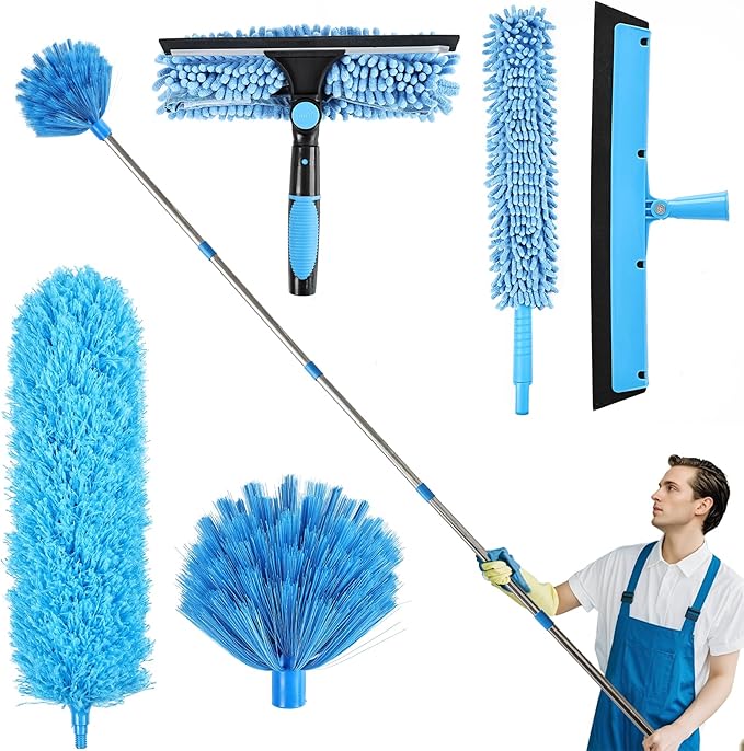 High Reach Duster Kit with14 ft Extension Pole High Ceiling Dusting and Window Cleaning Kit with Spliceable Pole - Cobweb Duster, Fan Blade, Window Washer & Squeegee and Feather Dusters