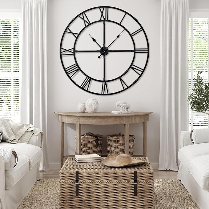 Oversized 48 inch Wall Clock for Living Room Decor – Extra Large Silent Non-Ticking Modern Farmhouse Wall Clock, Decorative Metal Roman Numeral Clock, Black