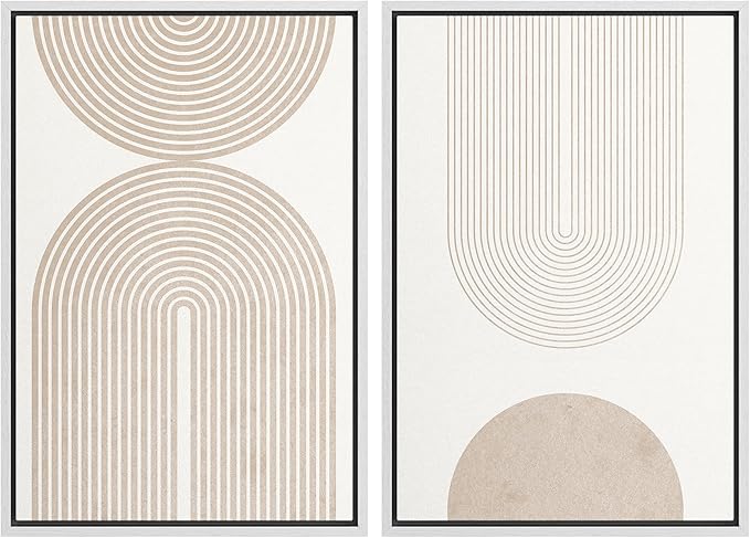 SIGNFORD Framed Canvas Print Wall Art Set Beige & White Duotone Geometric Spiral Polygons Abstract Shapes Illustrations Modern Art Decorative Minimalist Relax/Cozy for Bedroom - 16"x24"x2 White