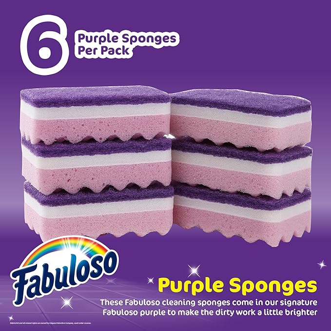 Fabuloso Sponges, Purple - Scratch-Free Scrubber for Dishes and Surfaces - Dishwashing Sponge for Bold and Bright Cleaning Experience, 6 Count