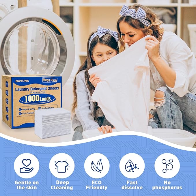1000 Loads Mega Pack Laundry Detergent Sheets, Eco-friendly Laundry Sheets, Powerful Cleaning, Suitable for Homes, Dorms, and Apartments- [Fragrance-Free]