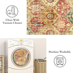 Lahome Moroccan Trellis Round Area Rugs, Washable Small Round Rug 3ft Non-Slip, Soft Vintage Ultra-Thin Circle Carpet for Bedroom Entryway Kitchen Laundry Bathroom, Red/Orange