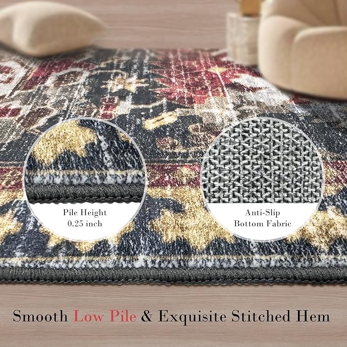 RUGSURE Washable Area Rugs - Perfect for Living Room, Bedroom, Kids Room, Nursery - Stain & Water Resistant Non-Slip, Pet & Child Friendly, Vintage Tribal Area Rugs (Rust, 2'6'' x 8')