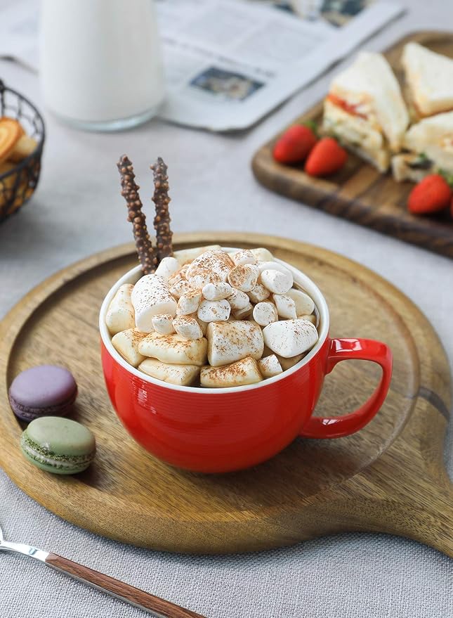 Teocera Red Mugs Set of 4, 24oz Jumbo Mugs, Large Coffee Mugs for Coffee, Hot Cocoa, Tea - Striped Design - Microwave Safe, Christmas Gift