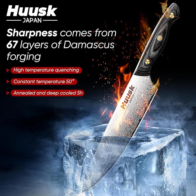 Huusk Damascus Chef Knife 8 inch, VG10 Kitchen Knife, Sharp Cooking knife with Ergonomic Wooden Handle for Vegetable Fruit and Meat Cutting, Birthday Dad Mom Gift