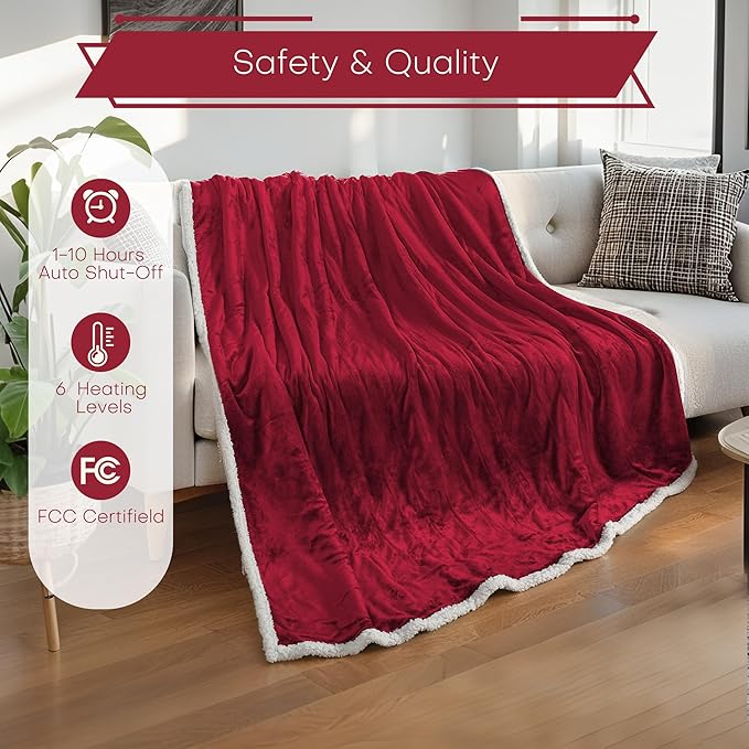 LUXIAN Electric Heated Blanket Twin Size 62"x84" - Microplush & Sherpa Fabric Dual-Sided, 6 Heat Settings & 1-10 Hours Auto Off, Cozy Warming Throw for Home, Office, or Bed, Machine Washable，Wine Red