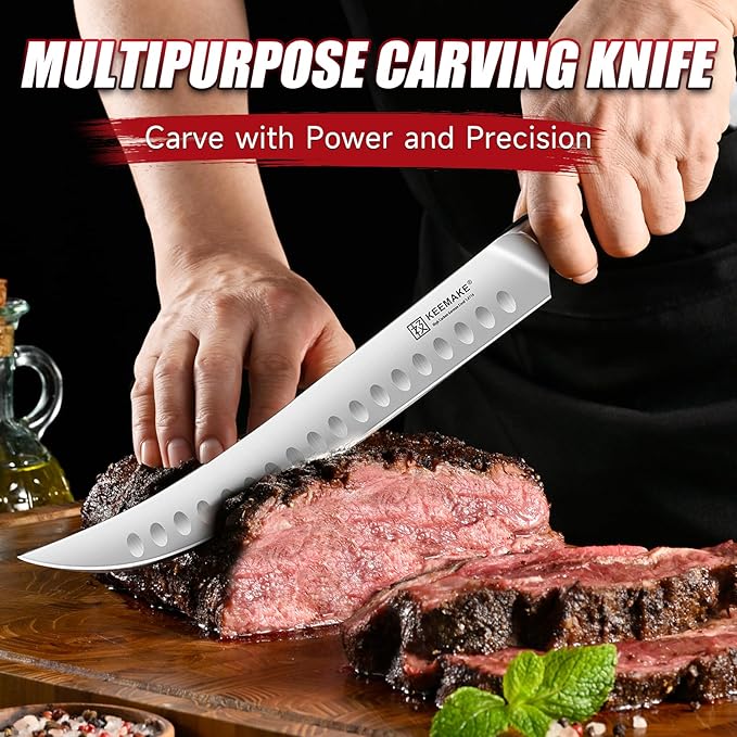 KEEMAKE BBQ Carving Knife Set - 10" Butcher Knife & 10" Honing Rod Slicing Knife Set for Meat Cutting Razor Sharp German Steel with Ergonomic Handle Full Tang Design Gift Box Included