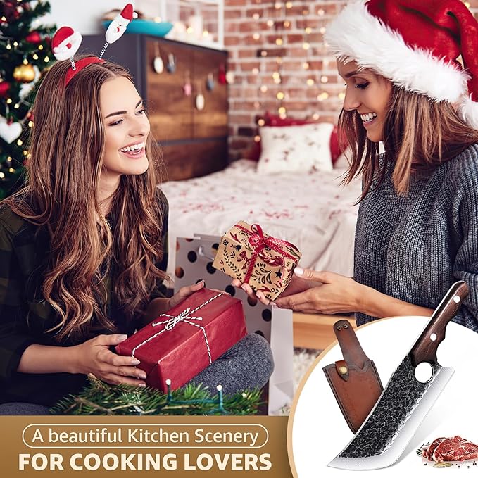 Hand Forged Meat Cleaver Knife Fathers Butcher Knives for Meat Cutting Full Tang Chef Knife with Belt Sheath and Gift Box High Carbon Steel for Kitchen or Camping, Gift for Dad