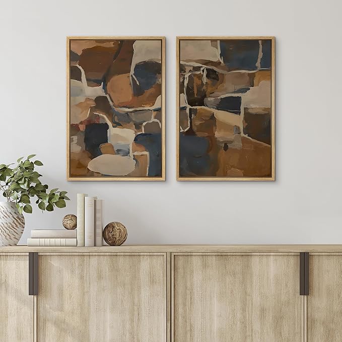 SIGNFORD Framed Canvas Print Wall Art Set Earthy Tones Abstract Layers Modern Brown and Blue Color Block Illustrations Modern Art Decorative for Living Room, Bedroom, Office - 24"x36"x2 Natural
