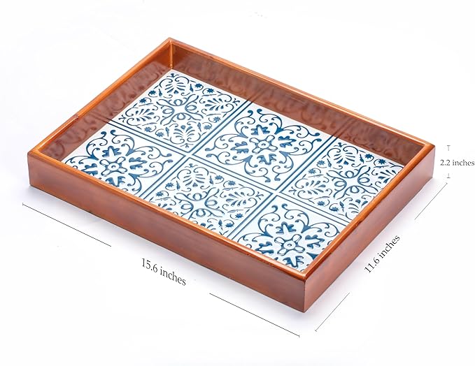 Rustic Wooden Frame Tray with Iron Printed Blue White Pattern, Mediterranean Style Decorative Serving Tray, Velvet Lined Base, Multi-Layer Construction for Home Decor and Organizing 15.6"x11.6"x2.2"
