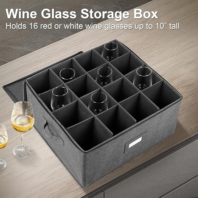 Stemware Storage Cases 2 Pack, Wine Glass Storage Box Containers with Dividers for Glassware or Crystal, Holds 16 Red or White Wine Glasses, Hard Top and Stackable (Grey)