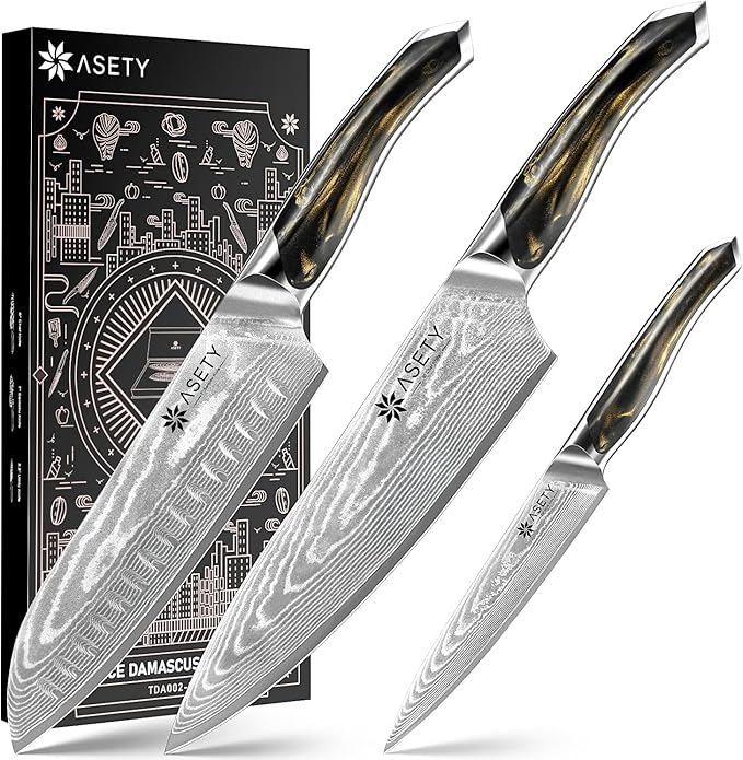 Damascus Knife Set 3 PCS: Ultra-Sharp Professional Chef Knife Set, Japanese Kitchen Knives with VG10 Steel Core, Full Tang Resin Handle, Elegant Box