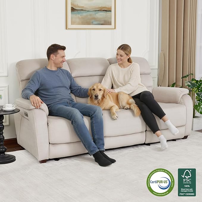 MCombo Wall Hugger Recliner Sofa with Drop Down Table, Power Reclining Sofa with Adjustable Headrest, USB A&C Charge Ports, Reading Lamp, Cup Holders, for Living Room, RVs (Fabric, ST258M3, Beige)