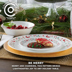 Corelle Vitrelle 18-Piece Christmas Service for 6 Dinnerware Set, Triple Layer Glass and Chip Resistant, Lightweight Round Holiday Plates and Bowls Set, Be Merry