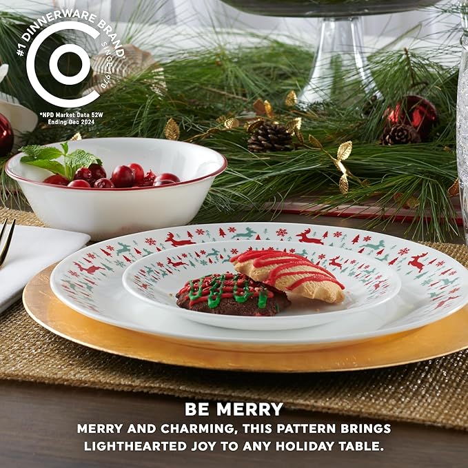 Corelle Vitrelle 18-Piece Christmas Service for 6 Dinnerware Set, Triple Layer Glass and Chip Resistant, Lightweight Round Holiday Plates and Bowls Set, Be Merry