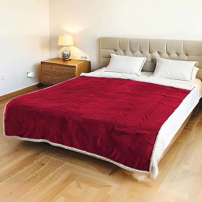 LUXIAN Electric Heated Blanket Twin Size 62"x84" - Microplush & Sherpa Fabric Dual-Sided, 6 Heat Settings & 1-10 Hours Auto Off, Cozy Warming Throw for Home, Office, or Bed, Machine Washable，Wine Red
