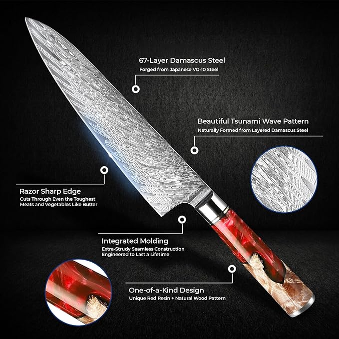 SENKEN Damascus Steel Chef's Knife - Tsunami Collection - 67-Layer Japanese VG10 Steel Core - Unique Blue Resin & Natural Wood Handle, Razor Sharp, Beautiful Damascus Wave Pattern (Red)