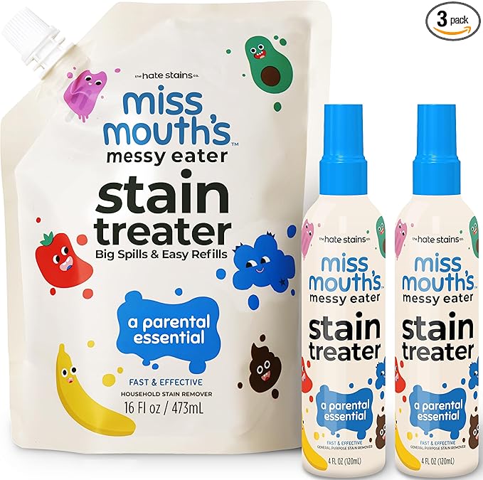 Miss Mouth’s Messy Eater Stain Treater Refill Ready Kit - 2 Pack Stain Remover Spray and 16oz Refill Pouch - Newborn & Baby Essentials - Food, Grease, Coffee Off Laundry, Underwear, Fabric