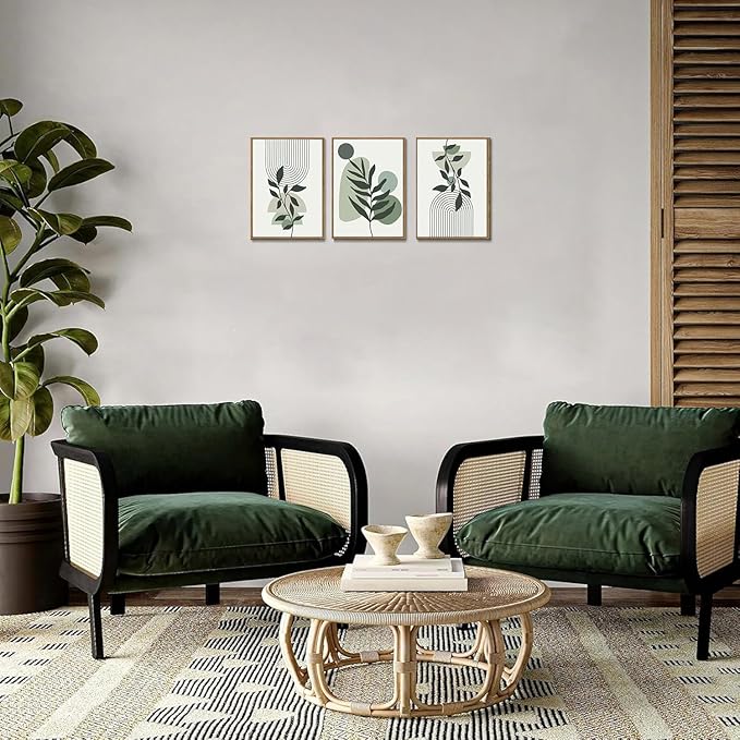 Bwodke Boho Wall Art, Framed Abstract Wall Art, Botanical Canvas Wall Decor, Mid Century Line Leaf Geometric Pictures Set of 3, Minimalist Paintings, for Bedroom Living Room Bathroom 12"x16"