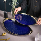 Stone Lain Florian Porcelain Large and Medium Oval Platters with Handle, Service Set, Blue with Gold Rim
