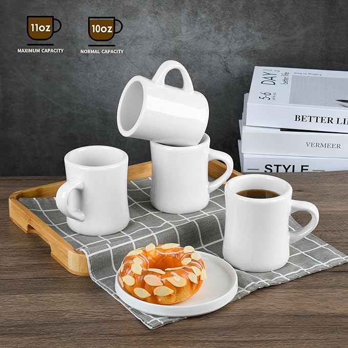 11oz White Diner Coffee Mug Set of 4 Ceramic Mugs Great for Kitchen Set, Travel, and Hot Tea (White)