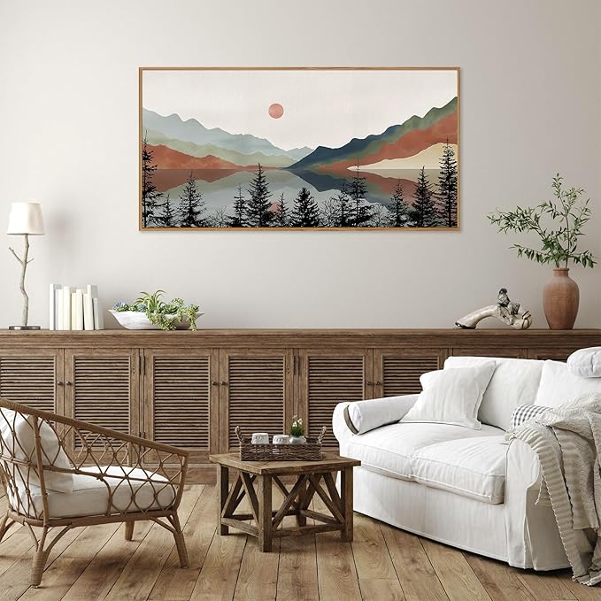 Tinonedraw Boho Mountain Framed Canvas Wall Art Set, Watercolor Nature Landscape Wall Decor, Neutral Modern Sunrise Artwork, Black Pine Trees Forest Art Prints for Living Room Bedroom Office 20"x40"