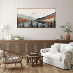 Tinonedraw Boho Mountain Framed Canvas Wall Art Set, Watercolor Nature Landscape Wall Decor, Neutral Modern Sunrise Artwork, Black Pine Trees Forest Art Prints for Living Room Bedroom Office 20"x40"