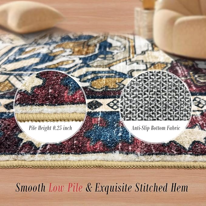 RUGSURE Washable Area Rugs - Perfect for Living Room, Bedroom, Kids Room, Nursery - Stain & Water Resistant Non-Slip, Pet & Child Friendly, Vintage Tribal Area Rugs (Burgundy and Blue, 3' x 5 ')
