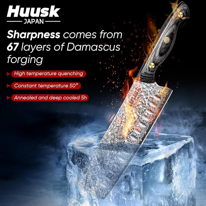 Huusk Damascus Nakiri Knife 7inch - Japanese Knives with Sharp Edge and Wooden Handle, Hand Forged Chef Knives for Home Use, Meat Vegetables Fish Knives, Birthday Dad Mom Gift