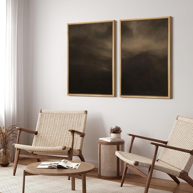 SIGNFORD Framed Canvas Print Wall Art Set Moody Misty Landscape Soft Brown and Gray Hues Illustration Modern Art Decorative Nordic Nature for Living Room, Bedroom, Office - 24"x36"x2 Natural