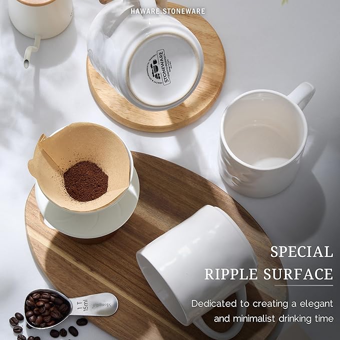 HaWare 14OZ Coffee Mugs Set of 4, Stoneware Coffee Cups with Handle, Latte Mug for Man, Woman, Dad, Mom, Modern Tea Mugs for Latte/Cappuccino/Cocoa/Milk, Dishwasher& Microwave Safe, Speckled White