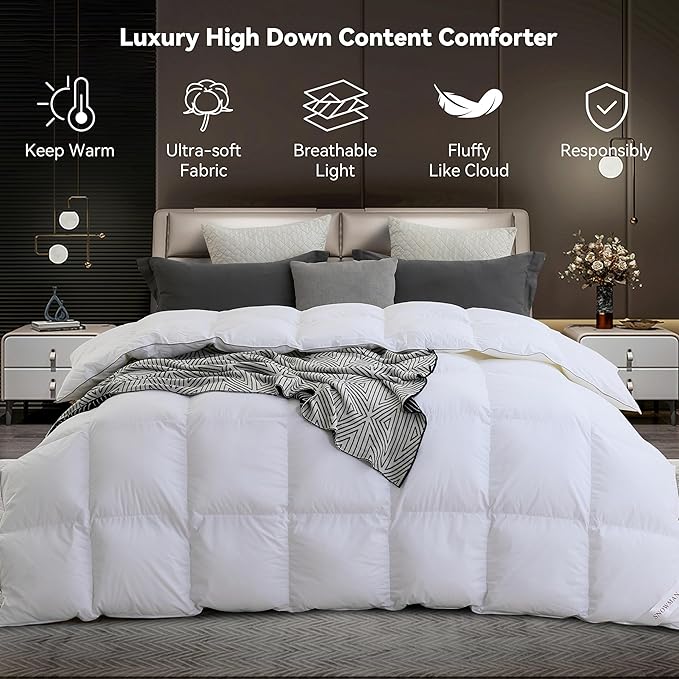 SNOWMAN Premium Down Comforter Queen Size, Luxurious All Season Duvet Insert with Cotton Blended Fabric, 37oz Fill Weight 3D Baffle Box Design Hotel Bedding Comforter (White,90"x90")